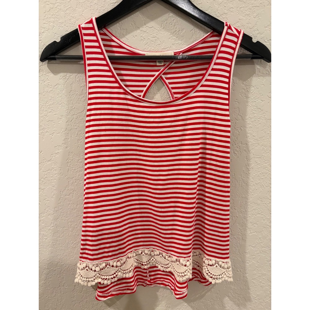 Ellie & Kate Red White Striped Lace Trim Keyhole Back Tank Top Small